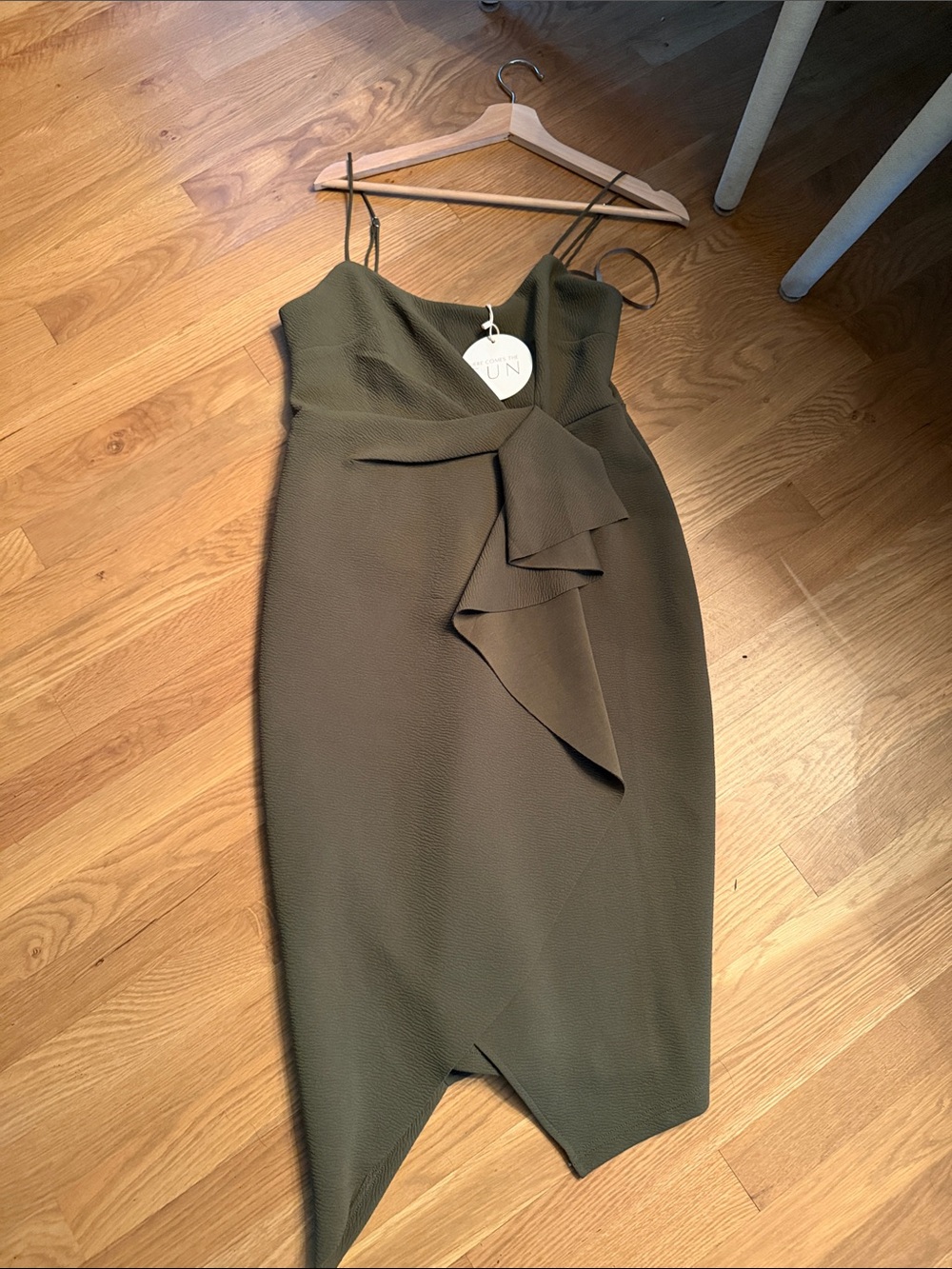 Olive Green Ruffle-Front Spaghetti Strap Dress